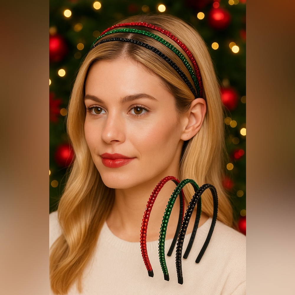 Elegant Beaded Headband - In Red, Green, and Black (Set of 3)